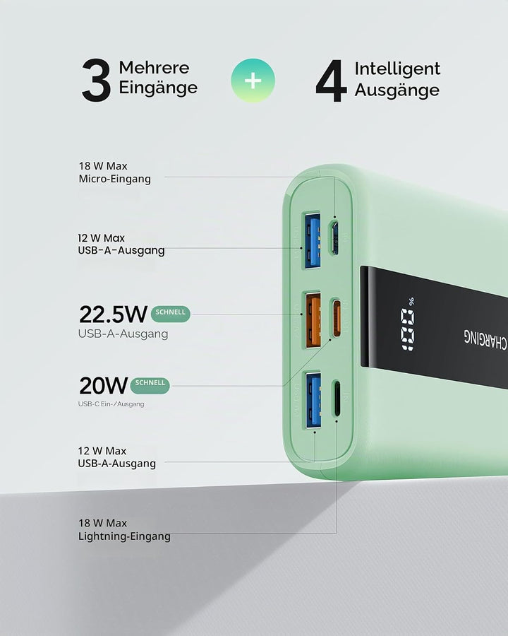 VRURC Power Bank 20000mAh – Kleiner & tragbarer externer Akku mit 22,5W QC & PD 3.0 Schnellladen, US