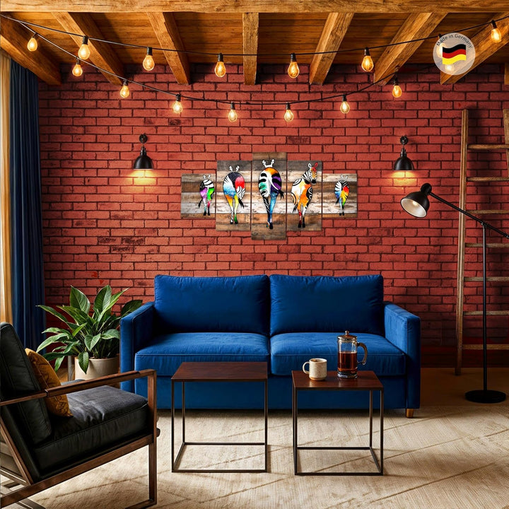 Runa Art Wandbilder Zebra 5 Teilig Bild auf Vlies Leinwand Deko Loft Wohnzimmer Streetart Beige Brau
