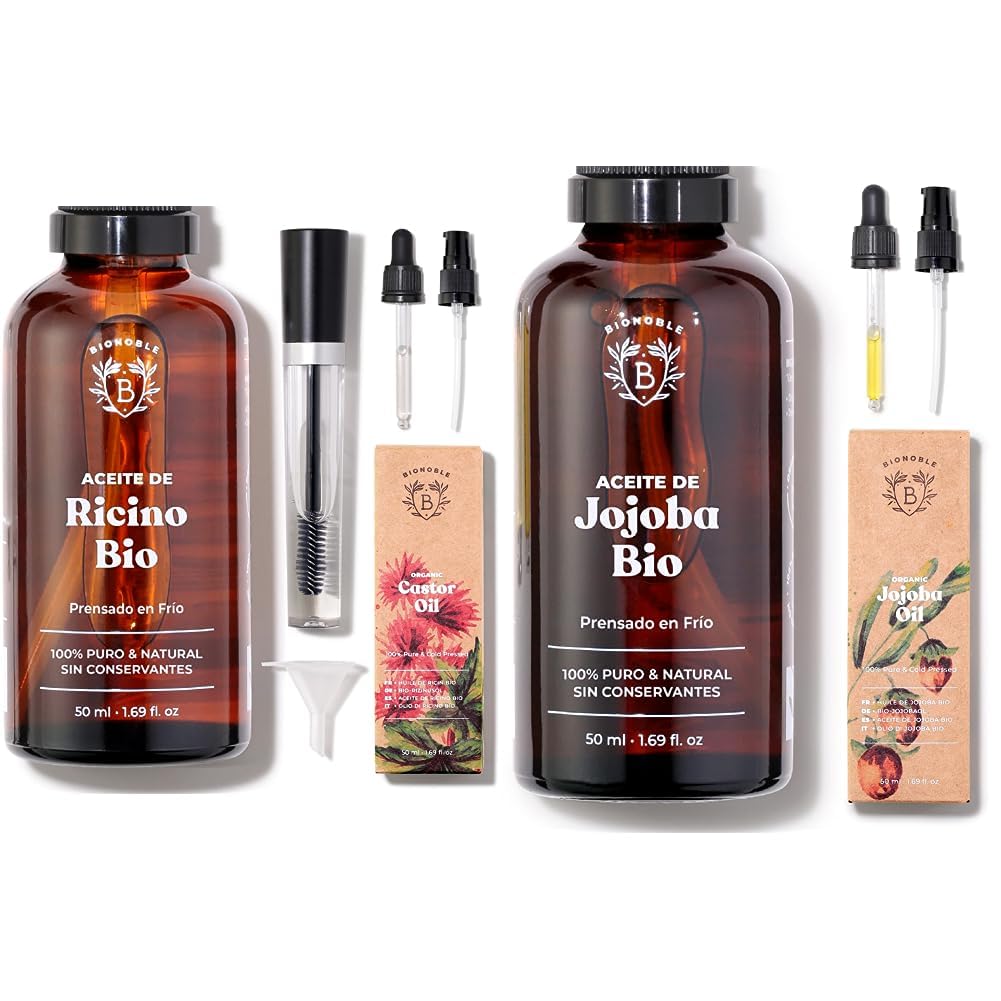Bionoble Rizinusöl Bio 50ml & Jojobaöl Bio 50ml - 100% Rein, Natürlich und Kaltgepresst - Gesicht, K