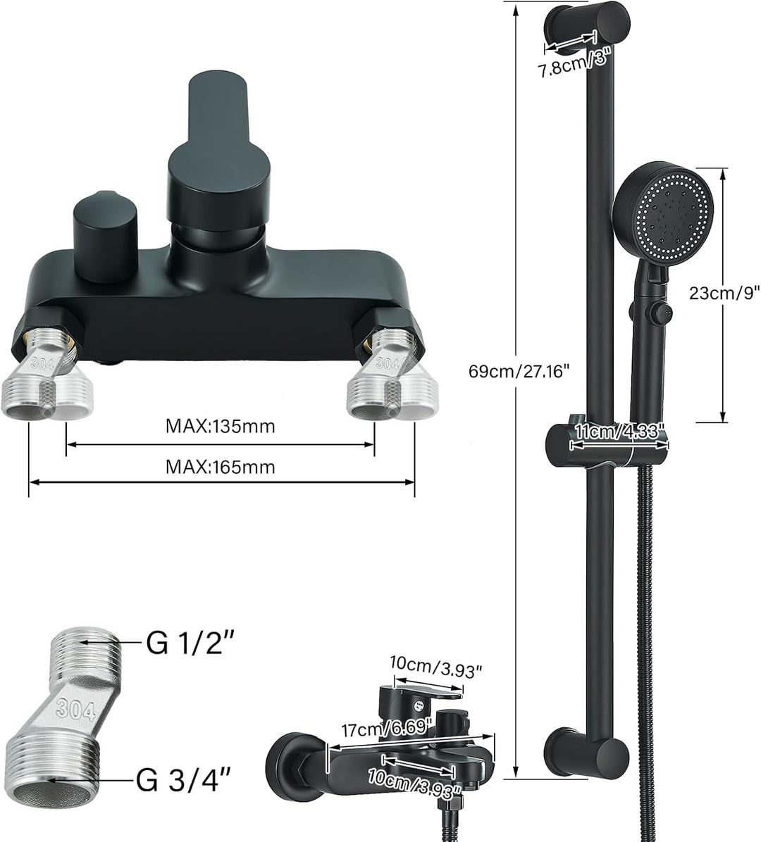 fyheast Badewannenarmatur mit Handbrause Schwarz Mischbatterie Badewanne Wannenarmatur mit 690mm Dus