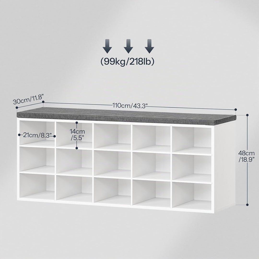 HOOBRO Schuhbank mit 15 Fächern, Schuhregal mit gepolsterter Sitzbank, Schuhschrank, 110 x 30 x 48 c