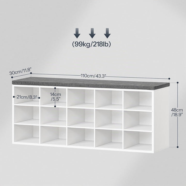 HOOBRO Schuhbank mit 15 Fächern, Schuhregal mit gepolsterter Sitzbank, Schuhschrank, 110 x 30 x 48 c