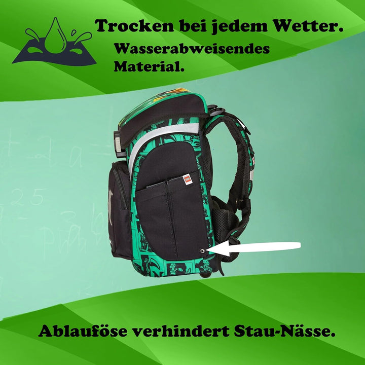 Familando - Schulranzen Set 9-teilig mit Sporttasche - Ninjago Grün - Ergonomisch, stabil & mit gepo