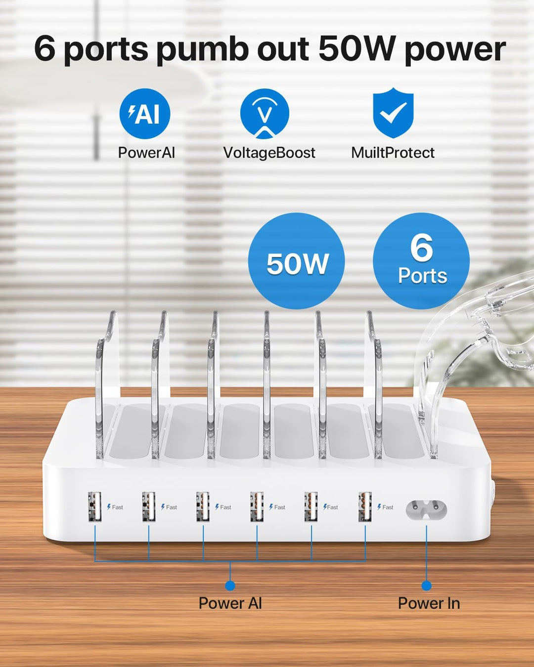 SooPii USB-Ladestation Organizer für mehrere Geräte, 6 Ports 50W Ladestation mit 6 Kabeln und aktual