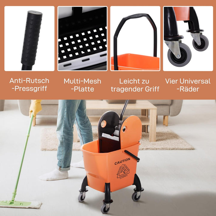 HOMCOM Professionelle Reinigungswagen Kapazität 26L Abnehmbare Wringer mit Rädern 44 × 36 × 90cm Ora