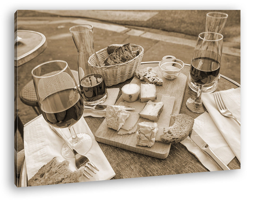deyoli appetitliches Wein und Käse Buffet Format: 80x60 Effekt: Sepia als Leinwandbild, Motiv fertig