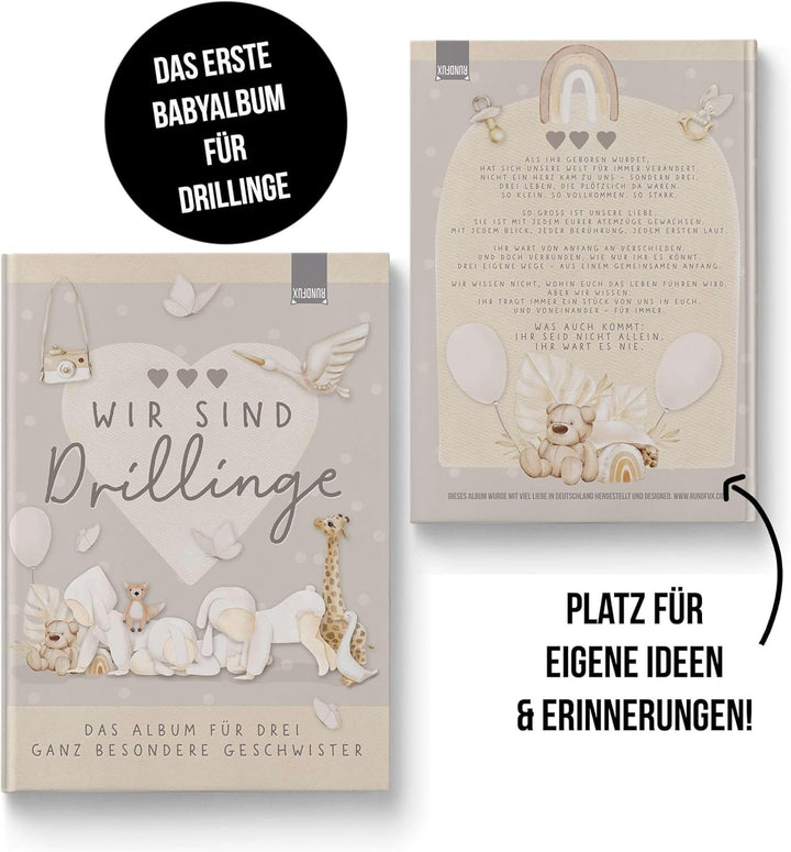Erinnerungsalbum für Drillinge – Boho Babyalbum DIN A4 | 64 Seiten | Hardcover in Beige & Braun | Ge