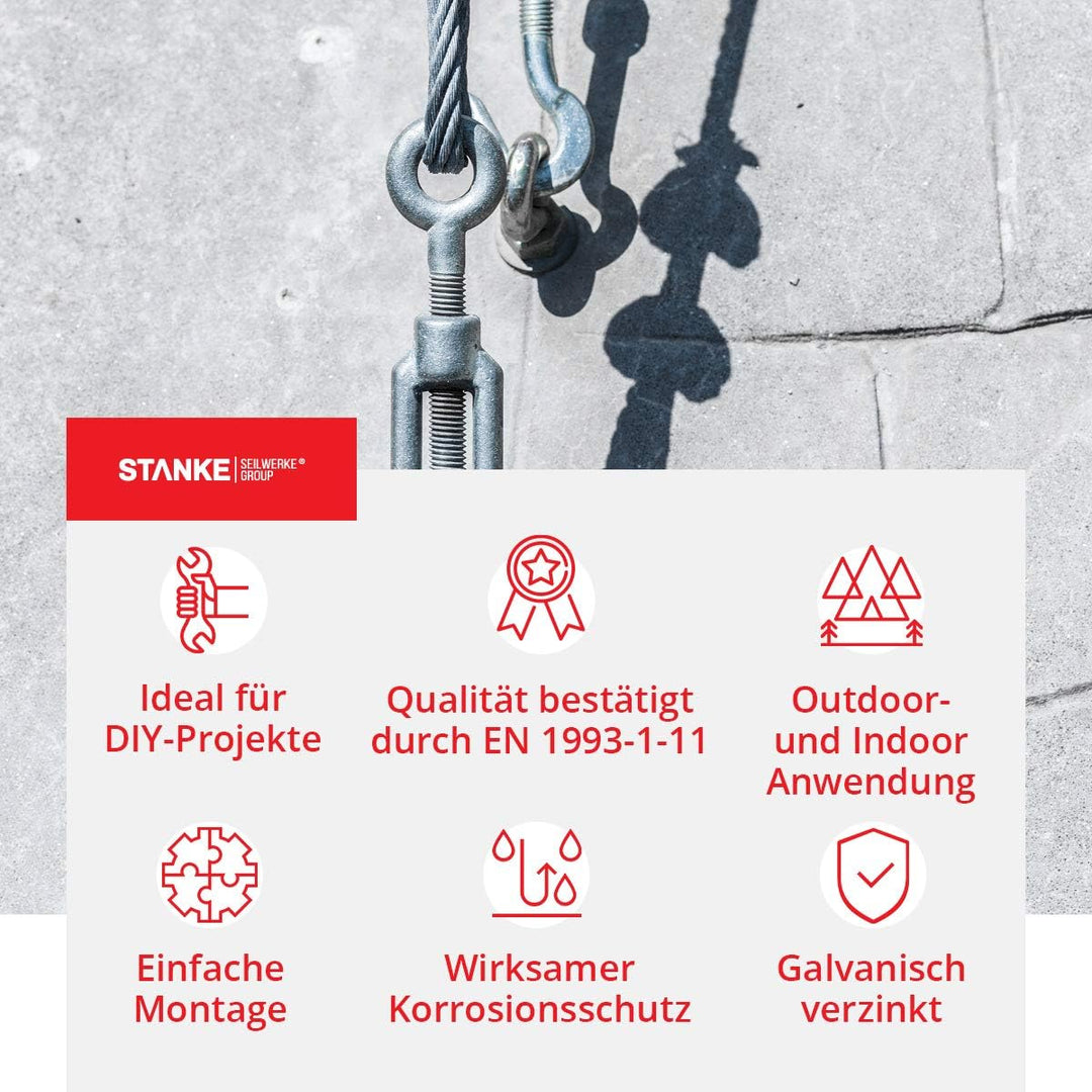 Seilwerk STANKE 20x M8 Spannschloss Haken-Haken verzinkt Spannschraube Spanner für Drahtseil 110 mm