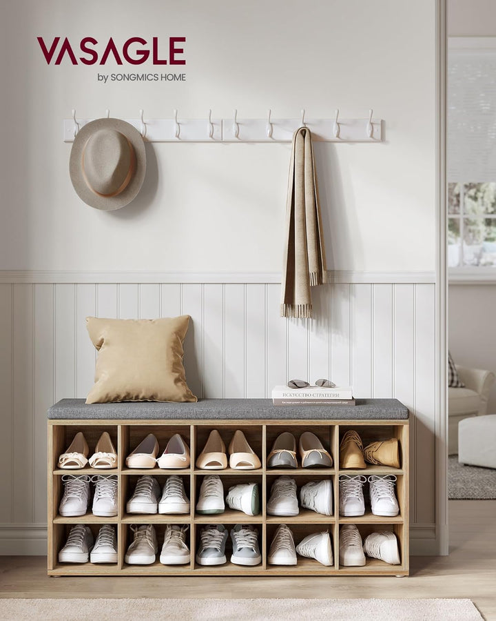 VASAGLE Custos Kollektion - Schuhbank, Schuhregal mit Sitzfläche, Sitzbank mit Stauraum, Kissen, 15