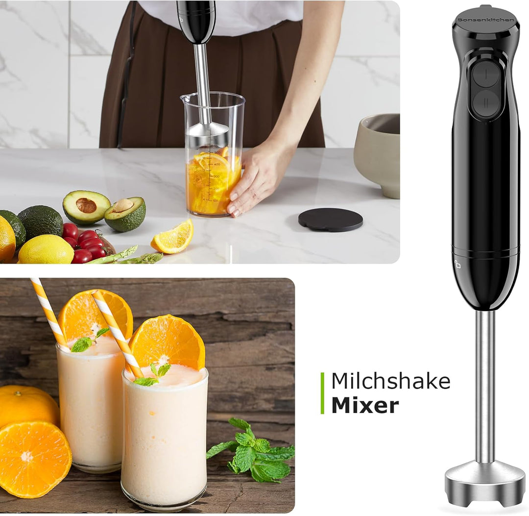 Bonsenkitchen Elektrischer Stabmixer Set, 1000W Pürierstab mit 700ml Messbecher, 2 Geschwindigkeitss