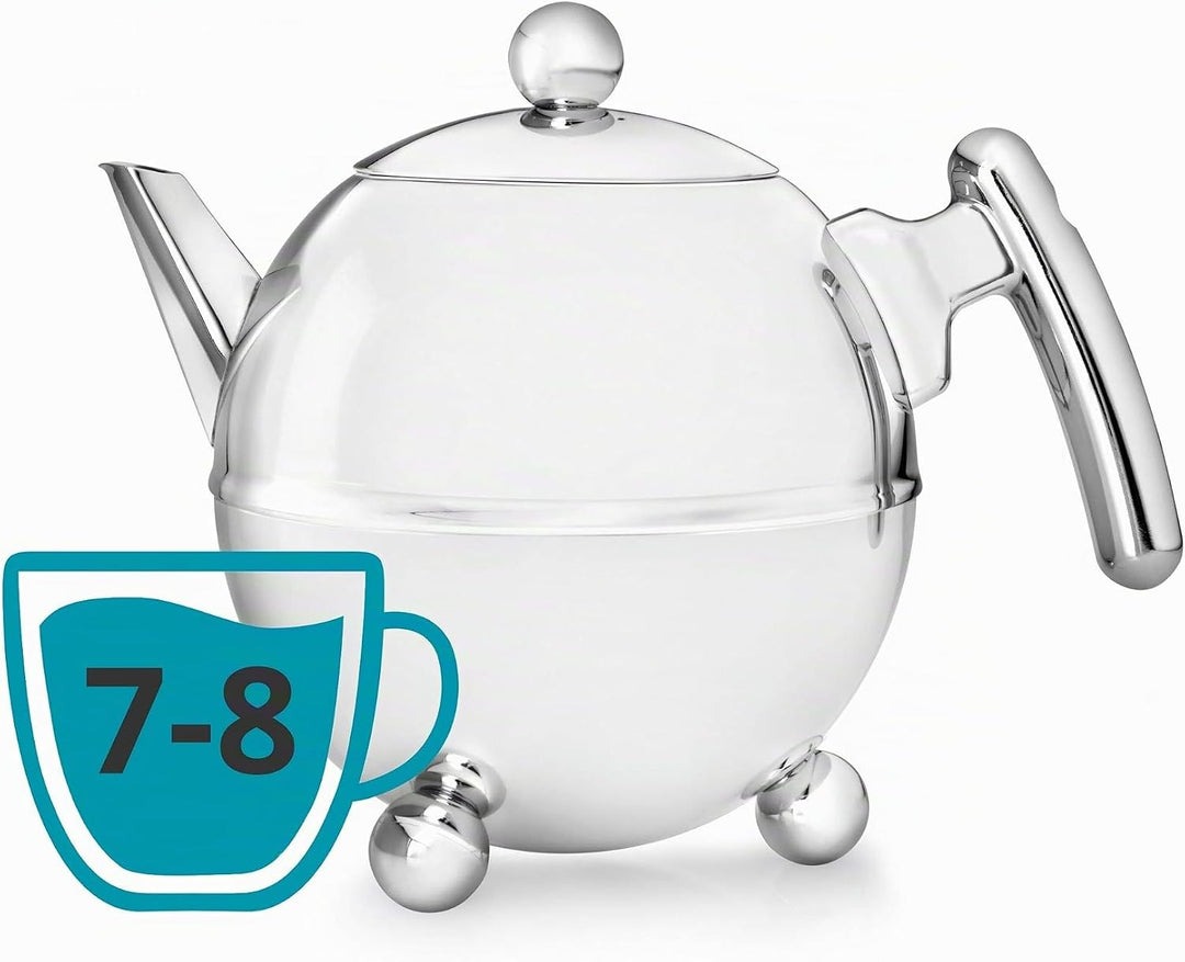 Bredemeijer bauchige runde doppelwandige Edelstahl Teekanne 1.5 Liter mit chromfarbenen Griff 1,5 l,
