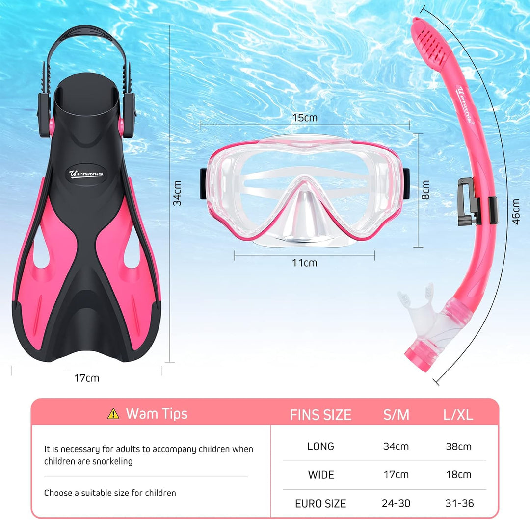 UPhitnis Schnorchelset Kinder mit Flossen,Anti-Fog 180°Panorama Taucherbrille Kinder, Verstellbaren