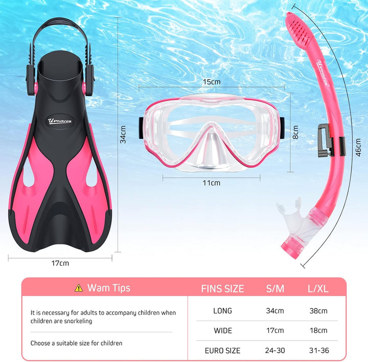 UPhitnis Schnorchelset Kinder mit Flossen,Anti-Fog 180°Panorama Taucherbrille Kinder, Verstellbaren