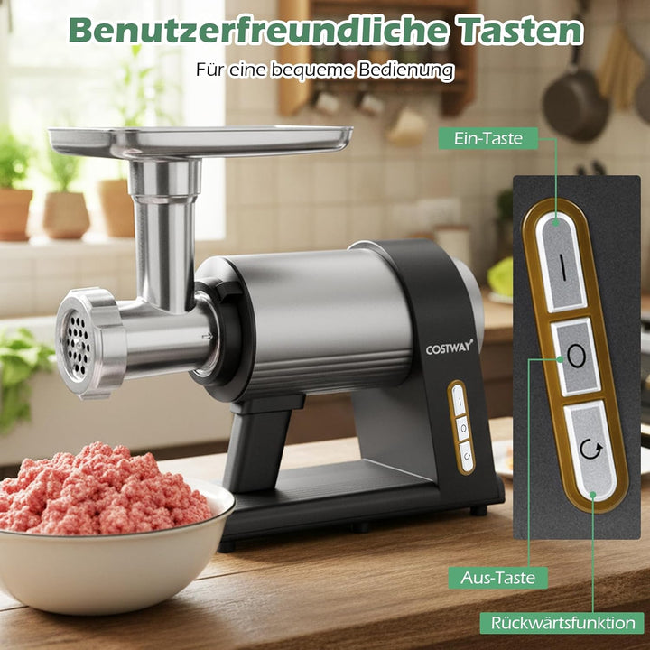 COSTWAY Elektrischer Fleischwolf, 2000W Hackfleisch maschine mit 3 Wurstfüllrohren, 3 Lochscheiben,