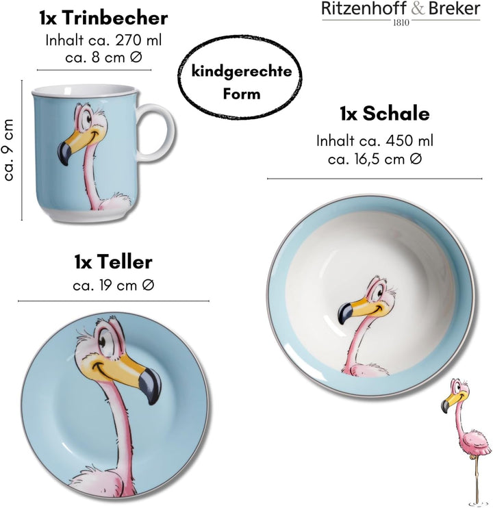 Ritzenhoff & Breker Kindergeschirr-Set Happy Zoo, Flo, 3-teilig, Flamingo Flamingo Flo, Flamingo Flo