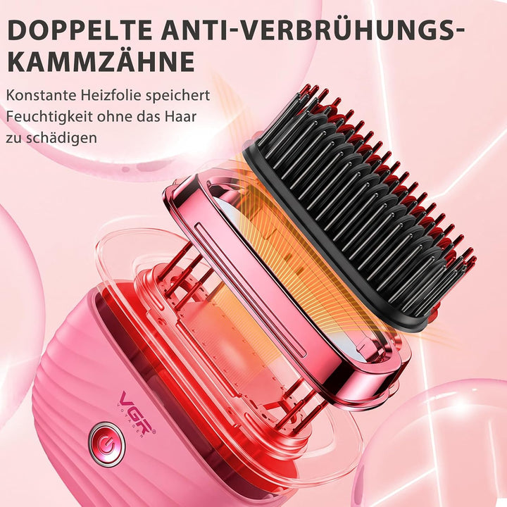 VGR 587 Kabellose Glättbürste Mini Mit 180°C Und 2 Stufen Reiseetui Rosa | Elektrische Haarbürste Mi
