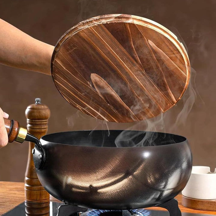Japanische Eisenpfanne | Chinesischer Handgefertigter Wok Mit Holzdeckel Und Holzgriff| Pfannen Guss