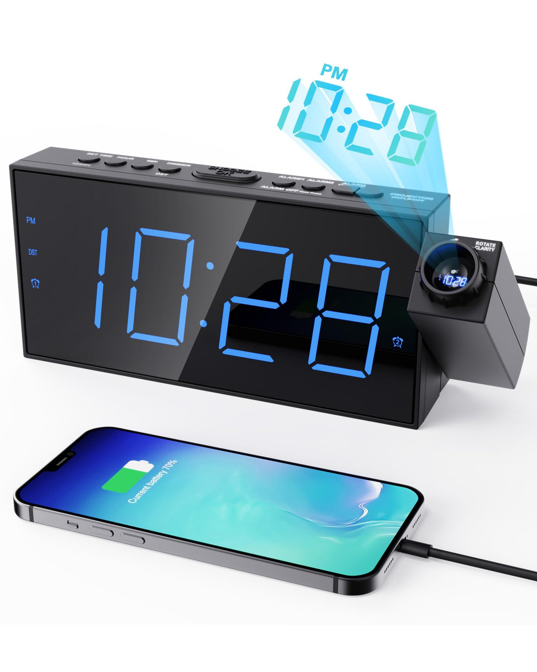 ROCAM Wecker mit Projektion, Projektionswecker mit USB Ladegerät, Batterie-Backup, 350°Projektor & D