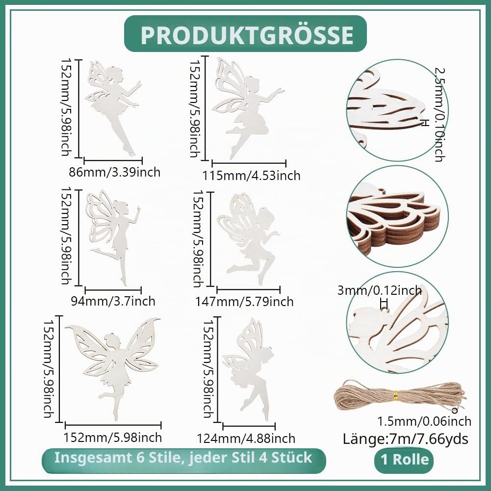 UNICRAFTALE 24 Stück 6 Stile Holzfeen Ausschnitte Unlackierte Hölzerne Feen Hängeornamente Hohle Fee