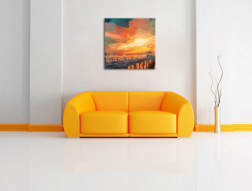 Pixxprint romantischer Steg ins Meer bei Sonnenuntergang Pinsel Effekt, Format: 70x70 auf Leinwand,
