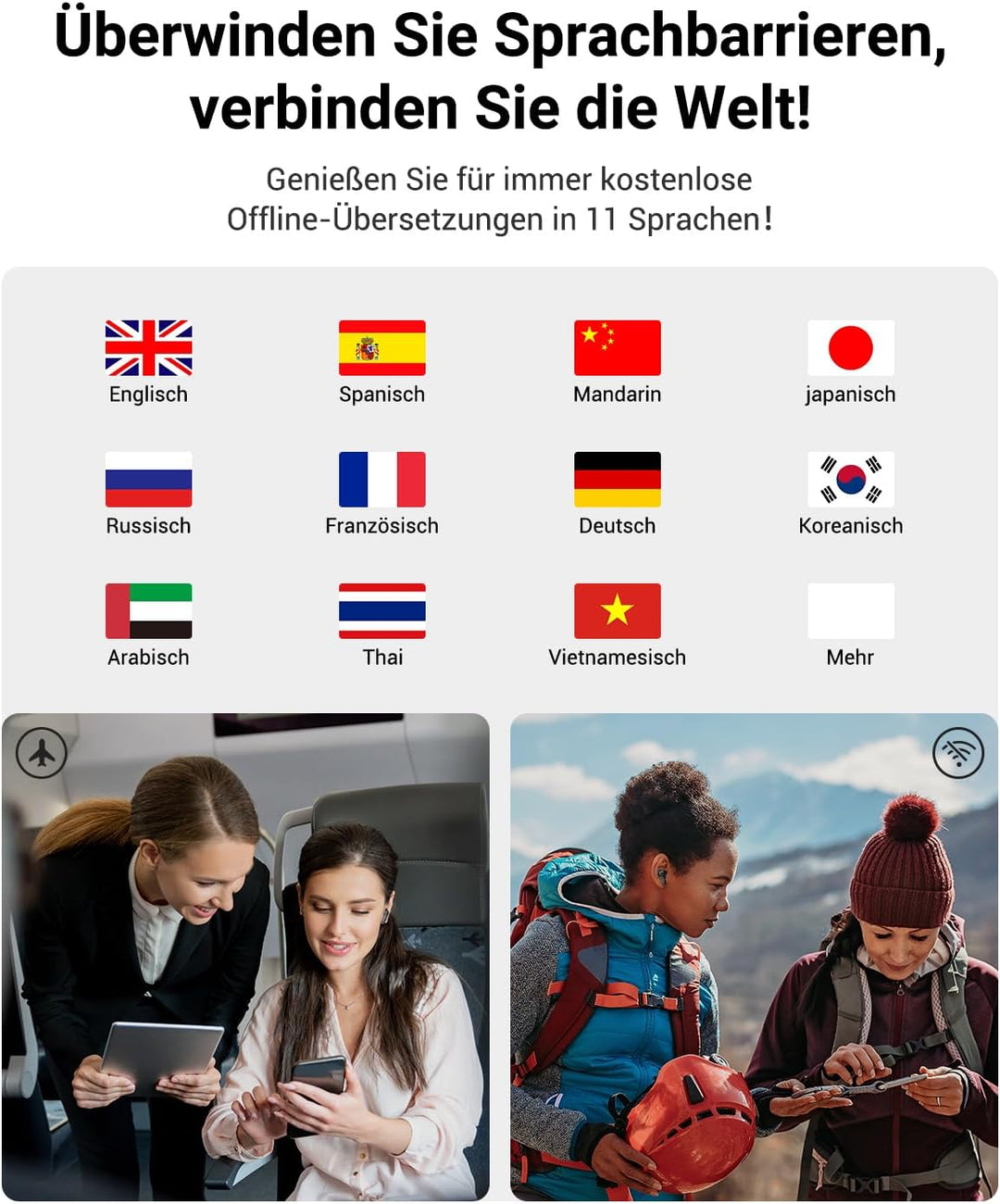 Wooask M3 AI Kopfhörer Übersetzer, 3-in-1 Echtzeit Sprachübersetzer Kopfhörer mit 144 Sprachen, 48H