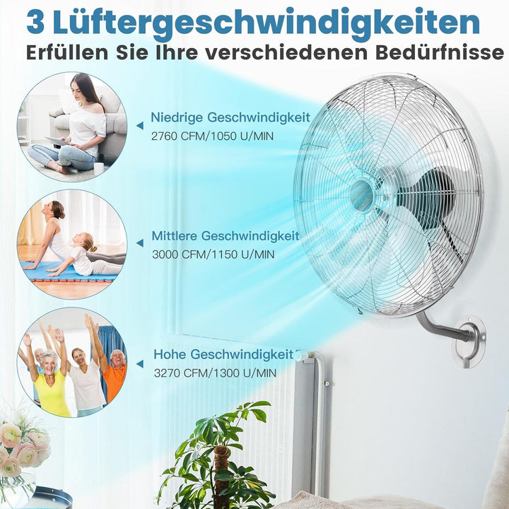 GOPLUS Wandventilator, 51cm oszillierender Ventilator, 85°Oszillation & 30°Neigung, 3 Geschwindigkei