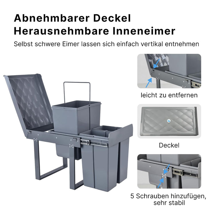 Einbaumülleimer ausziehbar Mülltrennsystem, Stahlrahmen, 20L+2x10L Grau 20L+2x10L, Grau 20L+2x10L