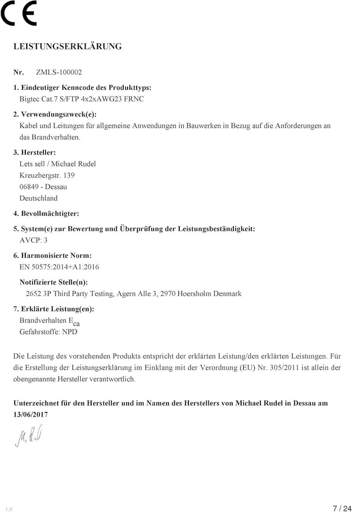 BIGtec CAT 7 Netzwerkkabel Verlegekabel LAN Kabel 50m CAT7 PiMF halogenfrei Zertifiziert GHMT BauPVO