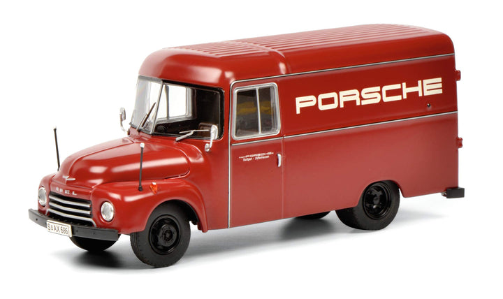 Schuco 450017900 Opel Blitz 1,75t, Kastenwagen mit Porsche Beschriftung, Modellauto, Massstab 1:18,