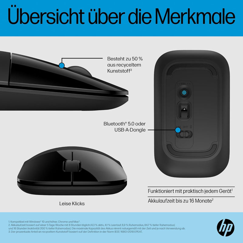 HP Z3700 kabellose Maus | 1200 optische Sensoren | bis zu 16 Monate Batterielaufzeit | 2.4 GHz oder