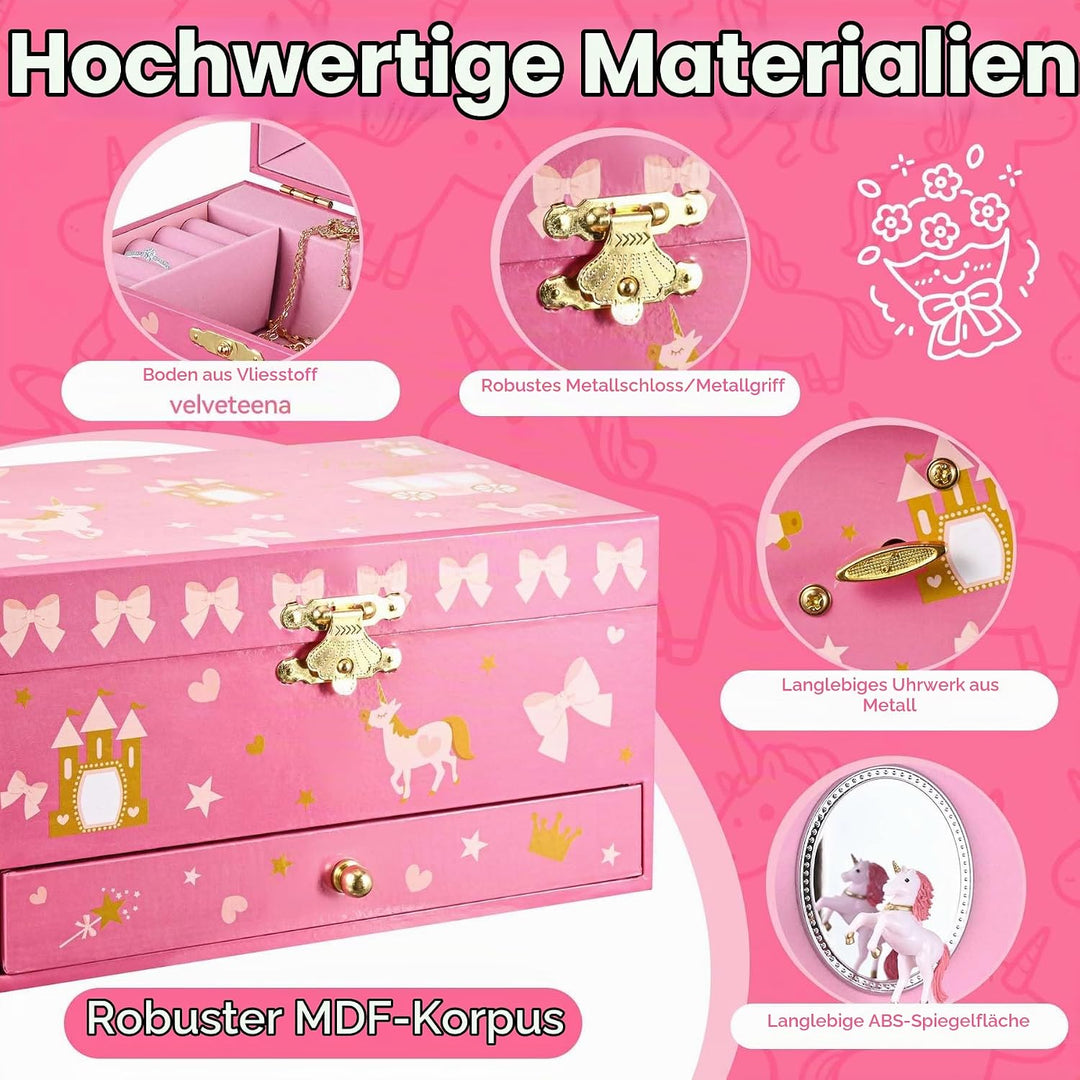 Einhorn Schmuckkästchen Kinder mit Spieluhr für Mädchen,Schmuckschatulle mit drehendem und Spiegel f