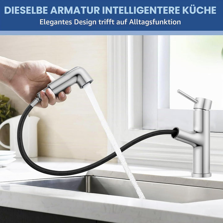 HURRAN Ausziehbare Wasserhahn Bad, Einhebelmischer für Waschbecken, Niedrig Waschtischarmatur mit 2
