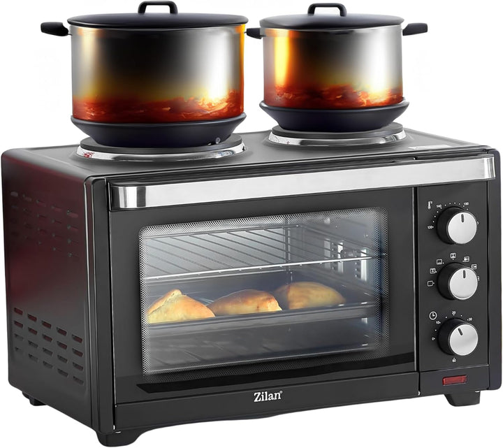 Mini Backofen mit Herdplatten 28 Liter | Elektrischer Drehspiess | Integrierte Kochplatten | Pizza-O