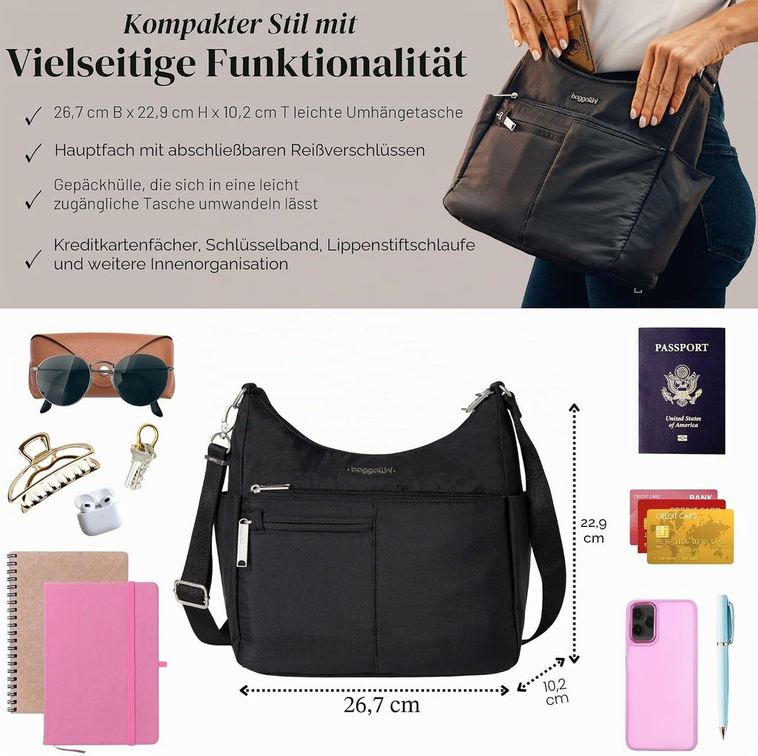 Baggallini Damen Anti-Theft Free Time Crossbody Bag Umhängetasche, Einheitsgrösse Schwarz, Schwarz