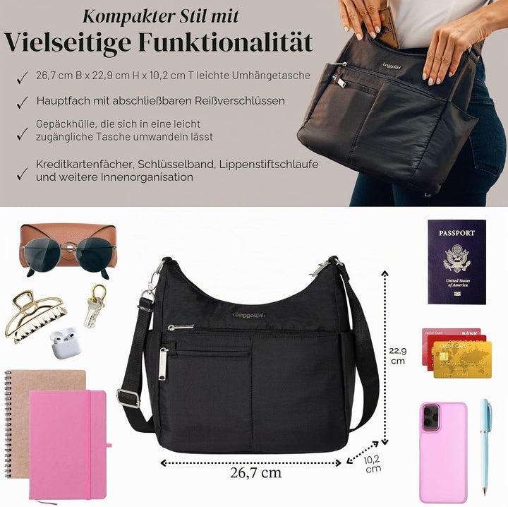 Baggallini Damen Anti-Theft Free Time Crossbody Bag Umhängetasche, Einheitsgrösse Schwarz, Schwarz