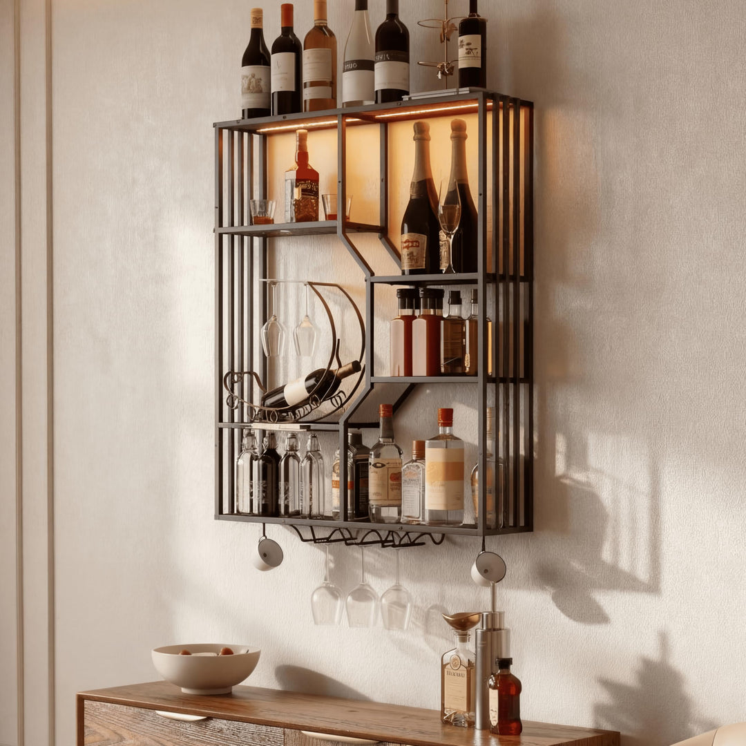 YOURLITE Weinregal Wand mit LED-Beleuchtung,Metall Bar Regal mit Glashalter,Wandmontage Wine Display
