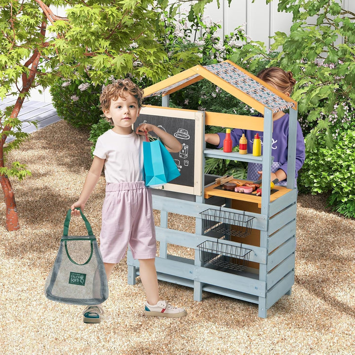 COSTWAY 2-IN-1 Matschküche Kinder Outdoor, Kinderküche Holz mit Tasche & Körben, Tafel & Zubehör, Sp