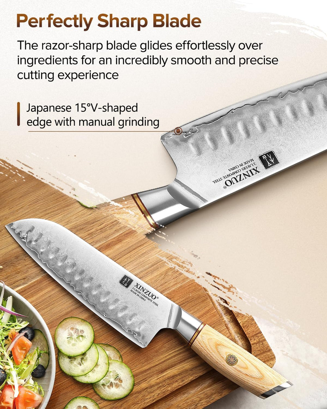 XINZUO Edelstahl 18.2cm Santokumesser, 3 Schichten Verbundstahl 10Cr15CoMoV Kochmesser, Profi Chefme
