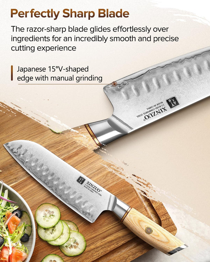 XINZUO Edelstahl 18.2cm Santokumesser, 3 Schichten Verbundstahl 10Cr15CoMoV Kochmesser, Profi Chefme