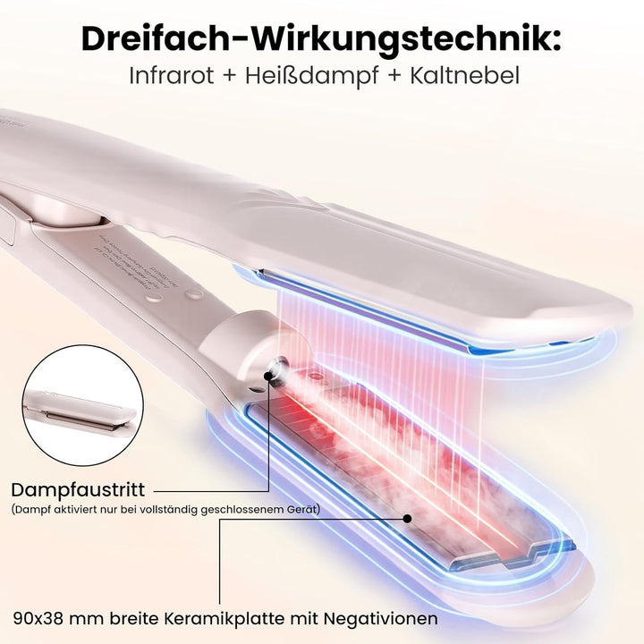 Dampf-Glätteisen mit Infrarot & Keramik - Breite 38mm Platten für langes, dickes Haar - Reduziert Ha