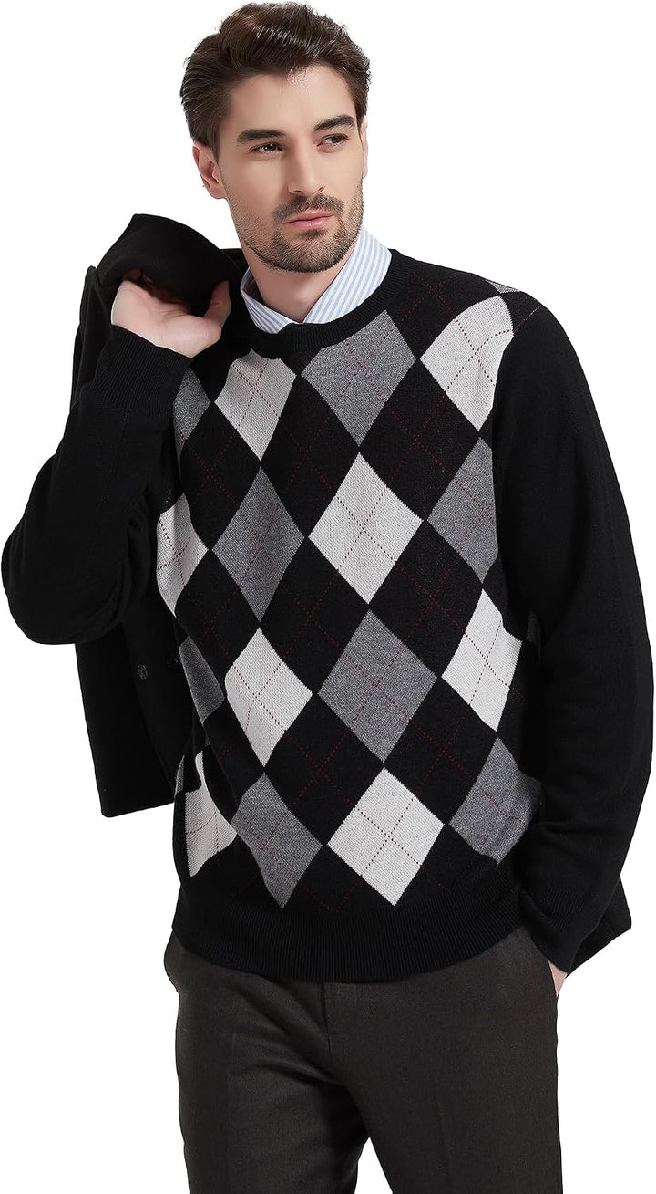Kallspin Herren Wollmischung Strickpullover Argyle Rundhalsausschnitt Pullover Sweater XXL Schwarz,
