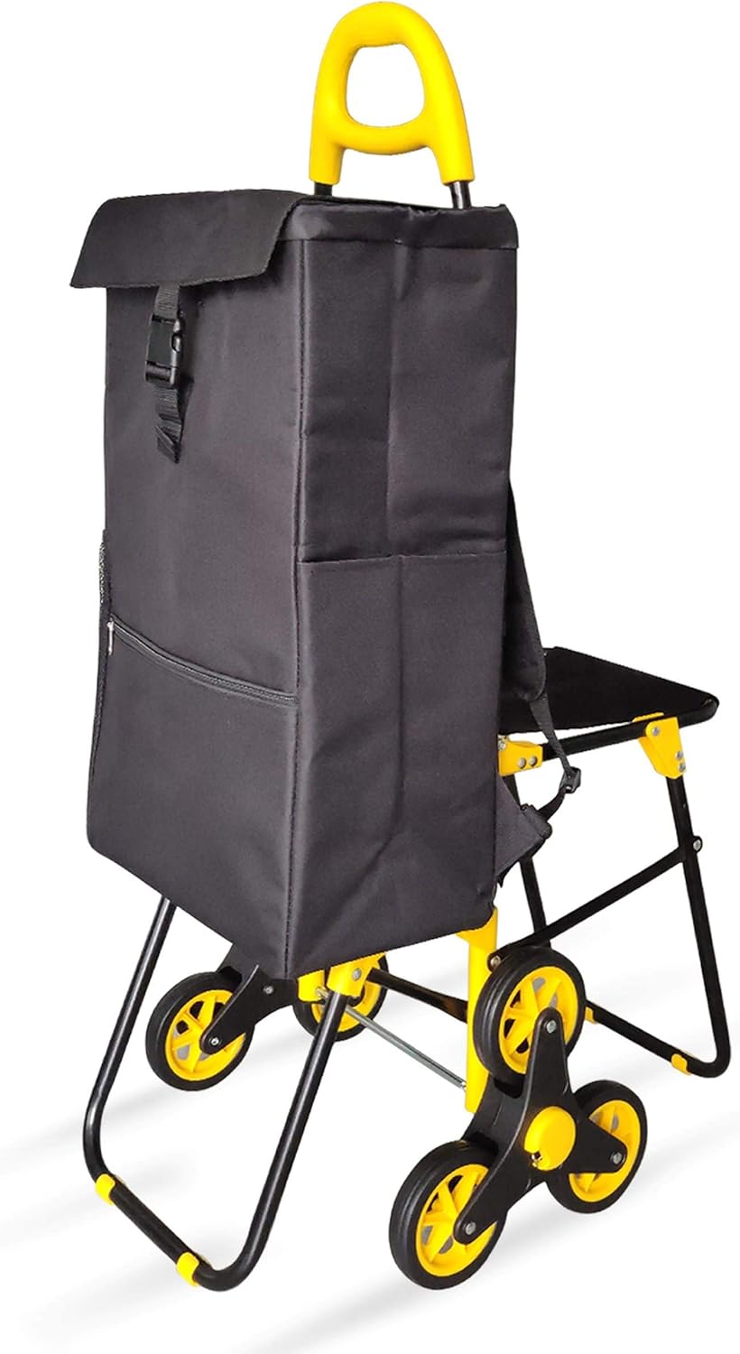 VOUNOT Einkaufstrolley Treppensteiger mit Kühlfach und Klappsitz, Einkaufswagen Klappbar mit 3 Räder