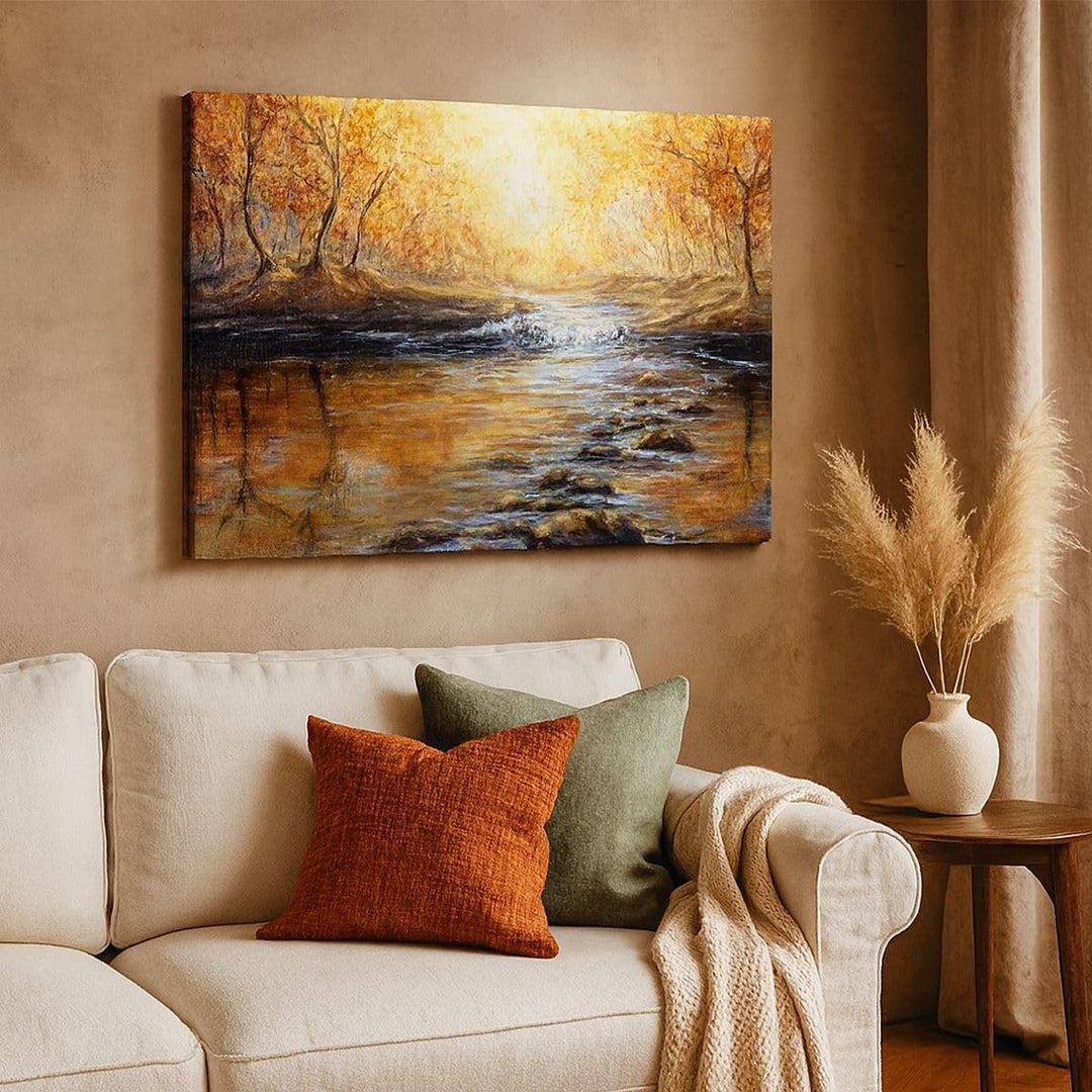 Bilder auf Leinwand 100x70cm Leinwandbild mit Rahmen Bach Park Baum Gross Wanddeko Bild Schlafzimmer