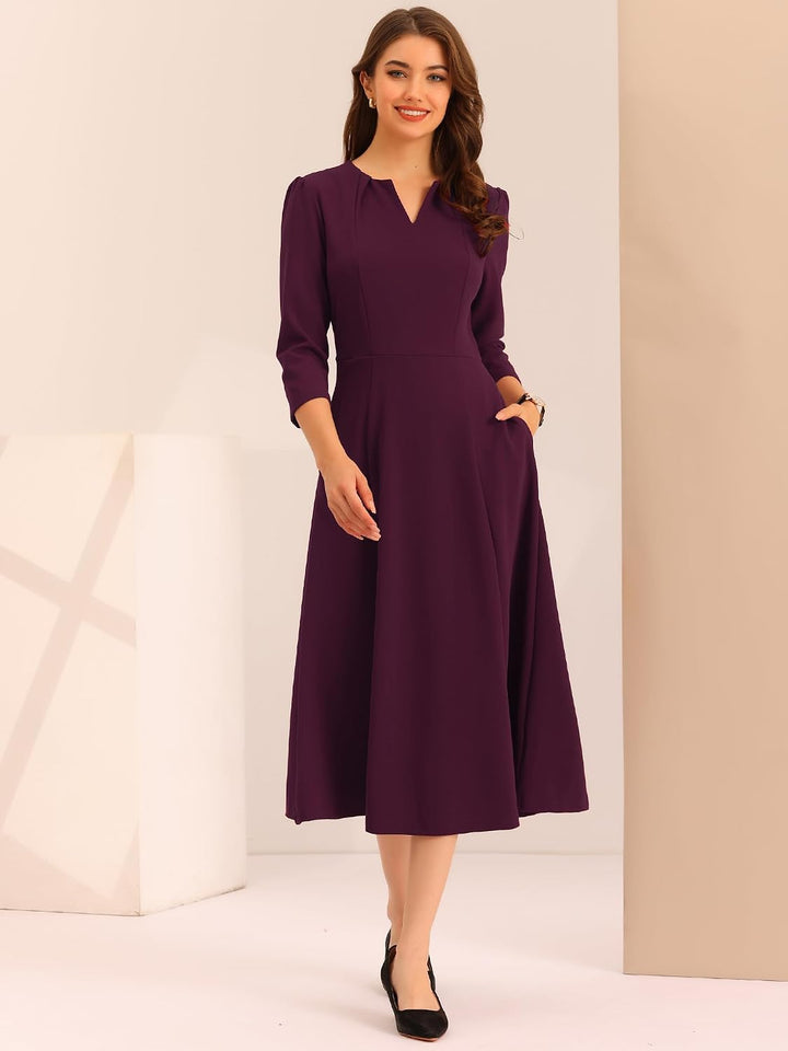 Allegra K Damen 3/4-Ärmeln A-Linie V-Ausschnitt Business Kleid Taschen Arbeit Elegant Midikleid M Du