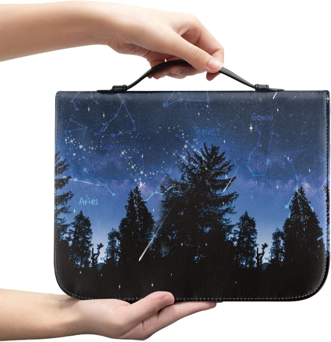Kuiaobaty Sternennacht Wald Buchhülle für Notebook, Neuheit, Bibel, Griff, Reissverschluss, PU-Leder