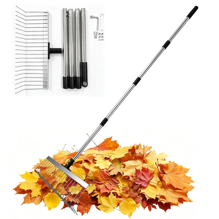 Premium Rasenrechen Edelstahl 160cm - Gartenharke mit 21 stabilen Zinken & 40cm Arbeitsbreite | Manu