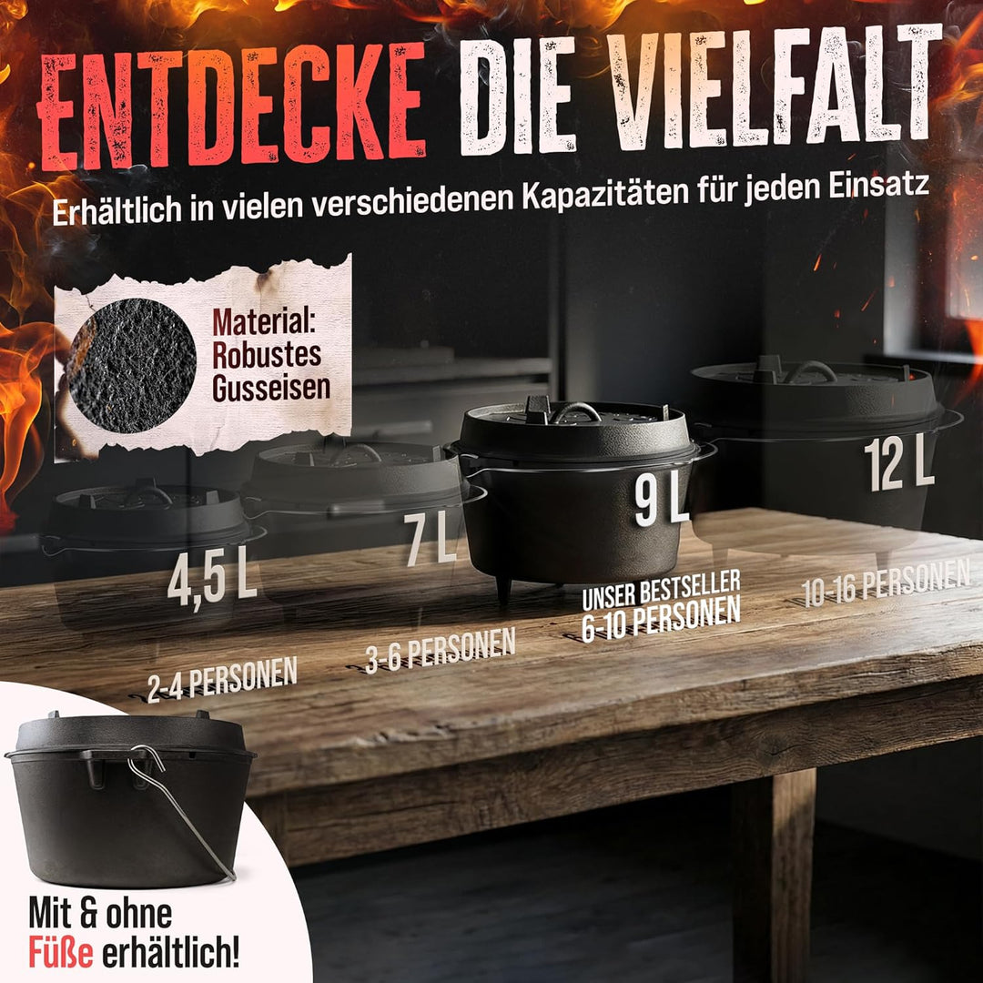 AMZBBQ® Premium Dutch Oven – Doppelt Eingebrannter Gusseisen Feuertopf – Rostbeständiger Schmortopf