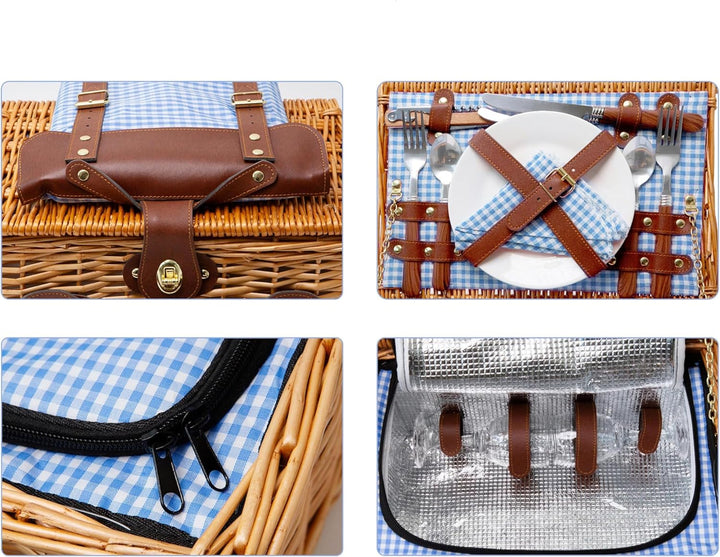Picknickkorb für 2 Personen, Weidenkorb mit isoliertem Kühlfach, Picknickdecke, Schieferbrett, Tasch