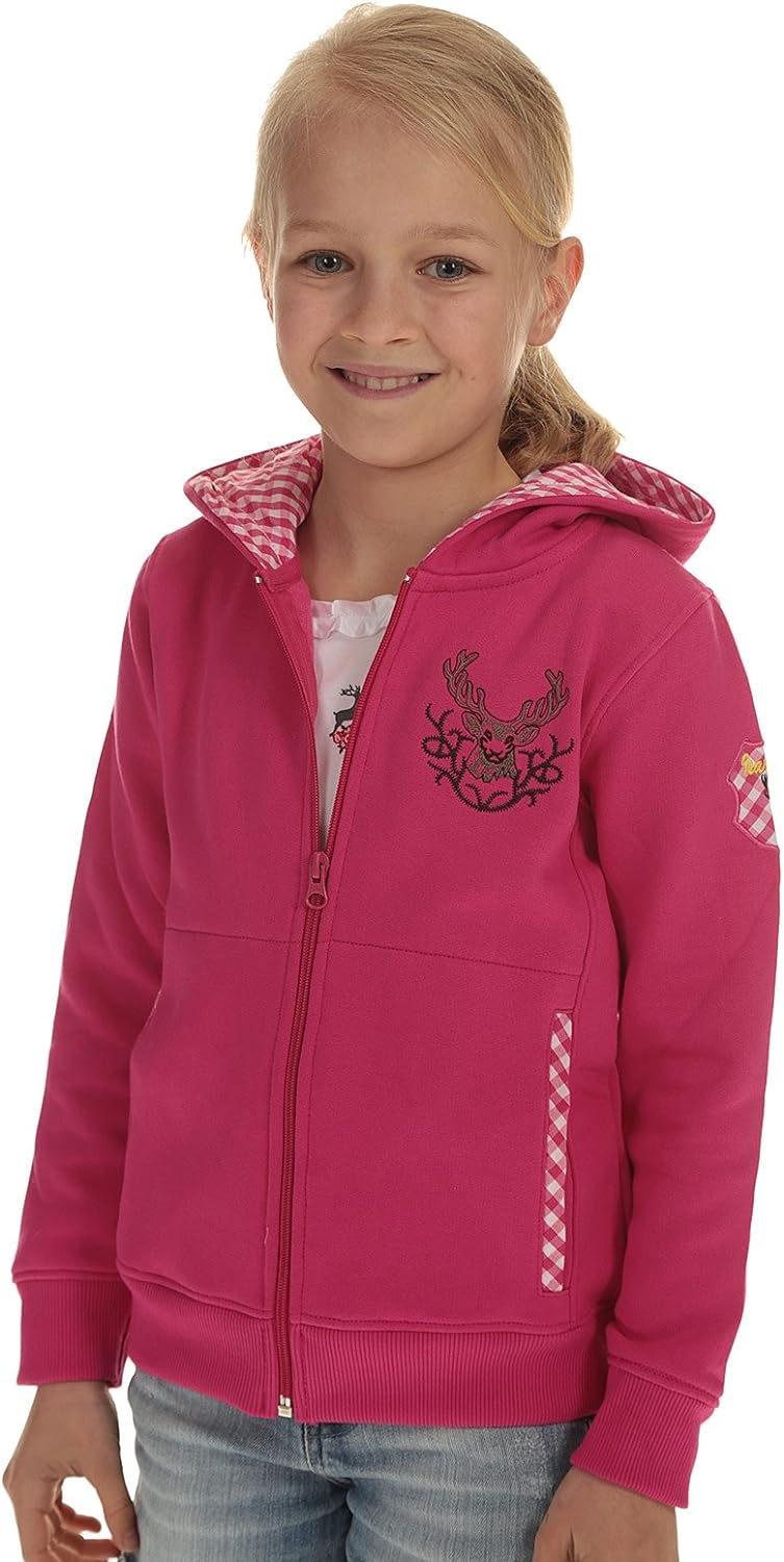 Isar-Trachten Kinder Jacke Trachtenjacke Mädchen pink, Kapuzenjacke Kinder Sweatjacke mit Hirschstic