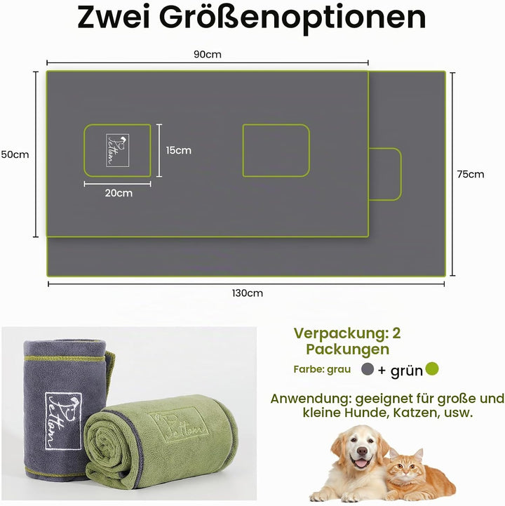 PETTOM 2 Stücke Hundehandtuch Extra Saugfähig Mikrofaser 130 * 75cm, Handtuch Hund mit Hand Taschen